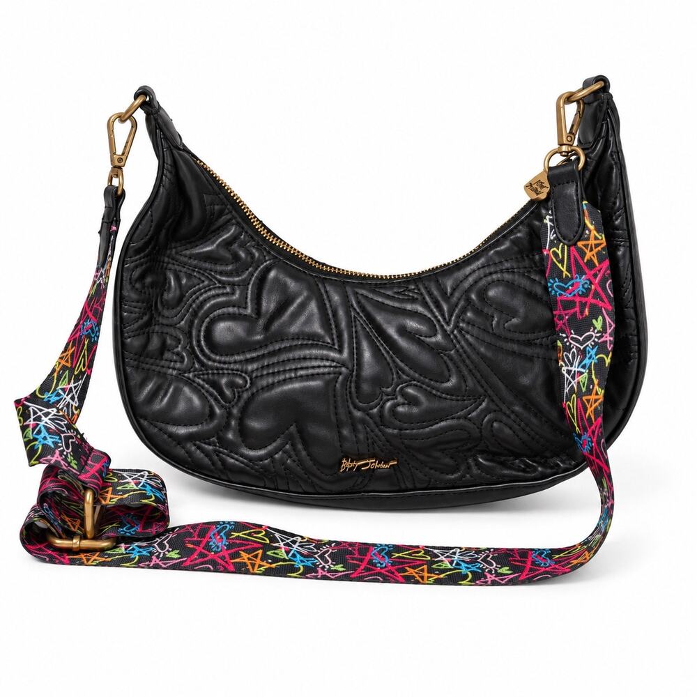 Betsey Johnson Quilted Hobo Crossbody Bag Black Graffiti Strap Womens Y2K Punk